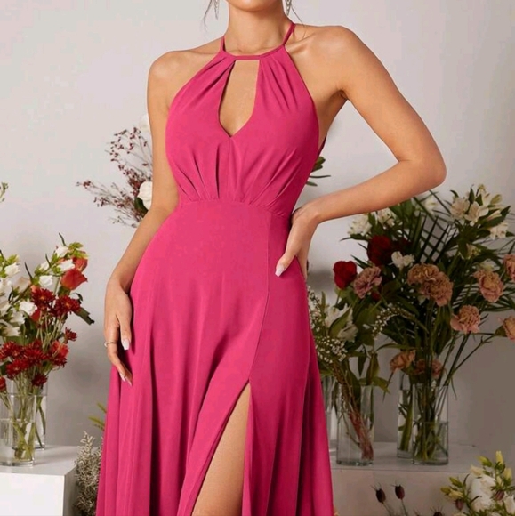 Halter High Slit Bridesmaid Dress - Picture 3 of 4